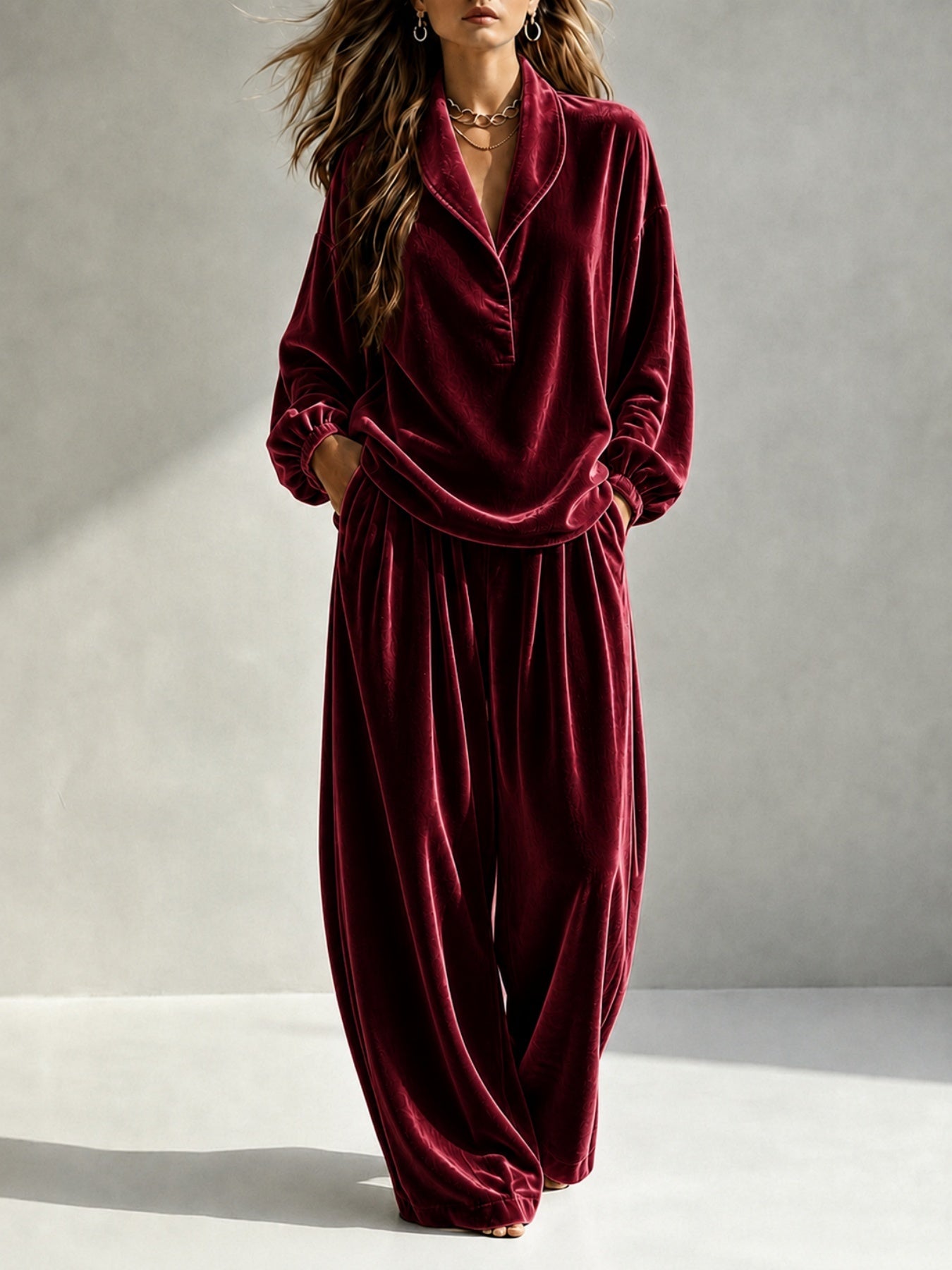 Trendy Collar Long-sleeved Top Loose-fitting Trousers Casual Suit NorixaFashion.com