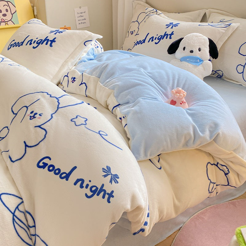 Winter Thickening Milk Fiber Bed Four-piece Coral Velvet Quilt Cover Flange Double-sided Bed Sheet Three-piece Bedding CJD2