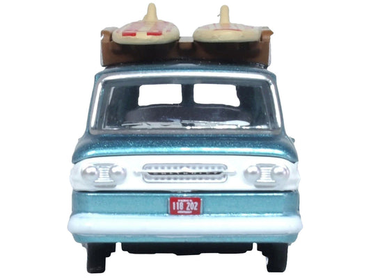 1961 Chevrolet Corvair Greenbrier Passenger Wagon Van Turquoise Metallic and Cameo White with Surfboards on Roof 1/87 (HO) Scale Diecast Model Car by Oxford Diecast LuxuryLifeWay Online Store