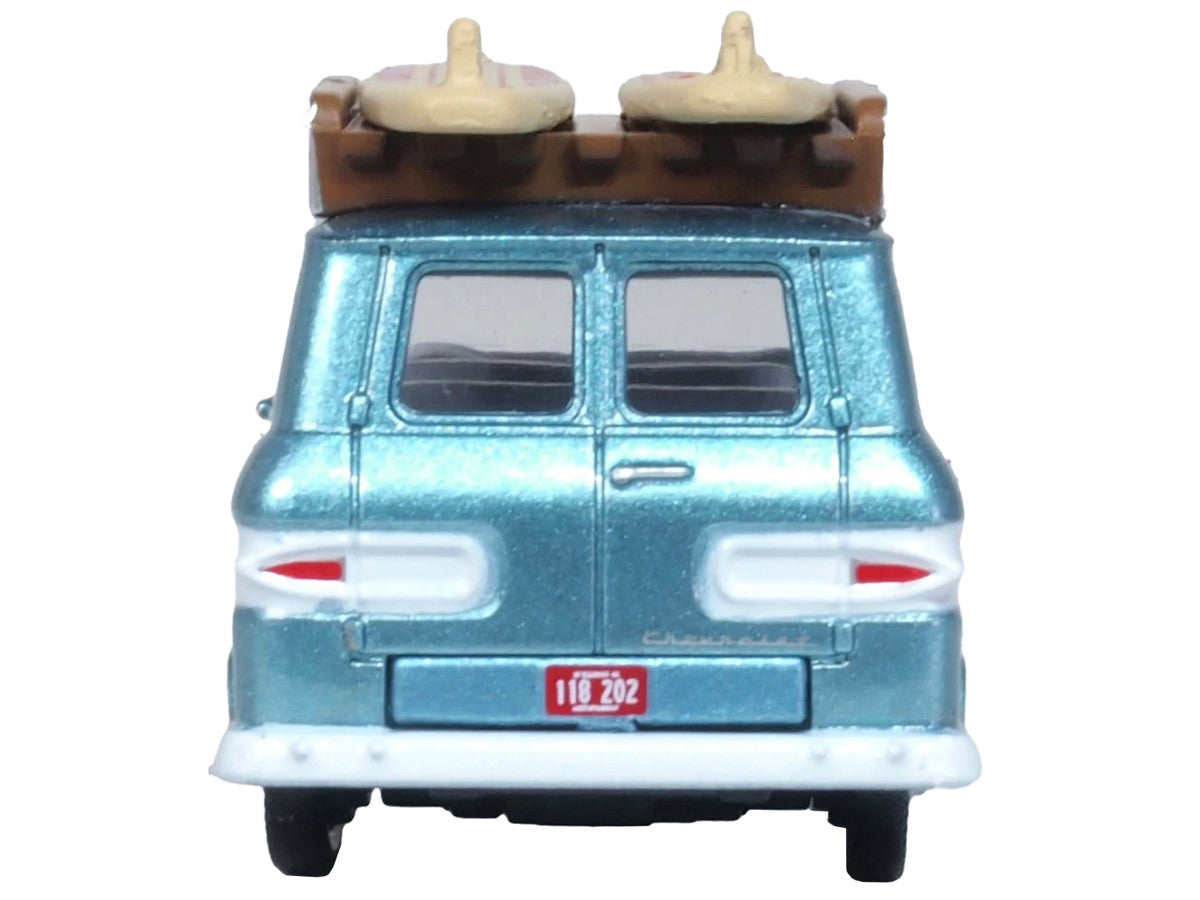 1961 Chevrolet Corvair Greenbrier Passenger Wagon Van Turquoise Metallic and Cameo White with Surfboards on Roof 1/87 (HO) Scale Diecast Model Car by Oxford Diecast LuxuryLifeWay Online Store