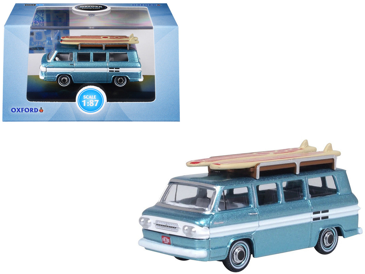 1961 Chevrolet Corvair Greenbrier Passenger Wagon Van Turquoise Metallic and Cameo White with Surfboards on Roof 1/87 (HO) Scale Diecast Model Car by Oxford Diecast LuxuryLifeWay Online Store