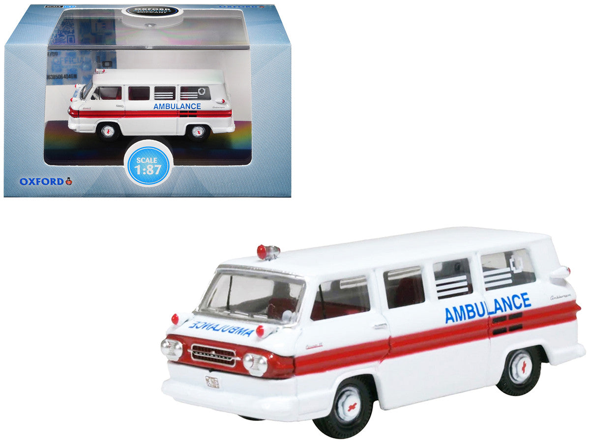 1962 Chevrolet Corvair Greenbrier AmbleWagon Ambulance White with Red Stripes 1/87 (HO) Scale Diecast Model Car by Oxford Diecast LuxuryLifeWay Online Store