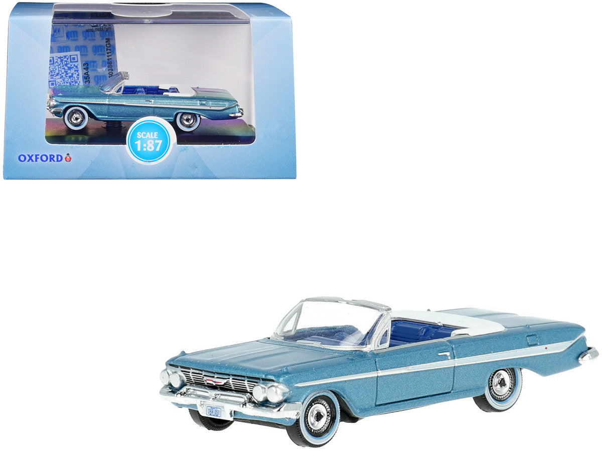 1961 Chevrolet Impala Convertible Jewel Blue Metallic and White with Blue Interior 1/87 (HO) Scale Diecast Model Car by Oxford Diecast LuxuryLifeWay Online Store
