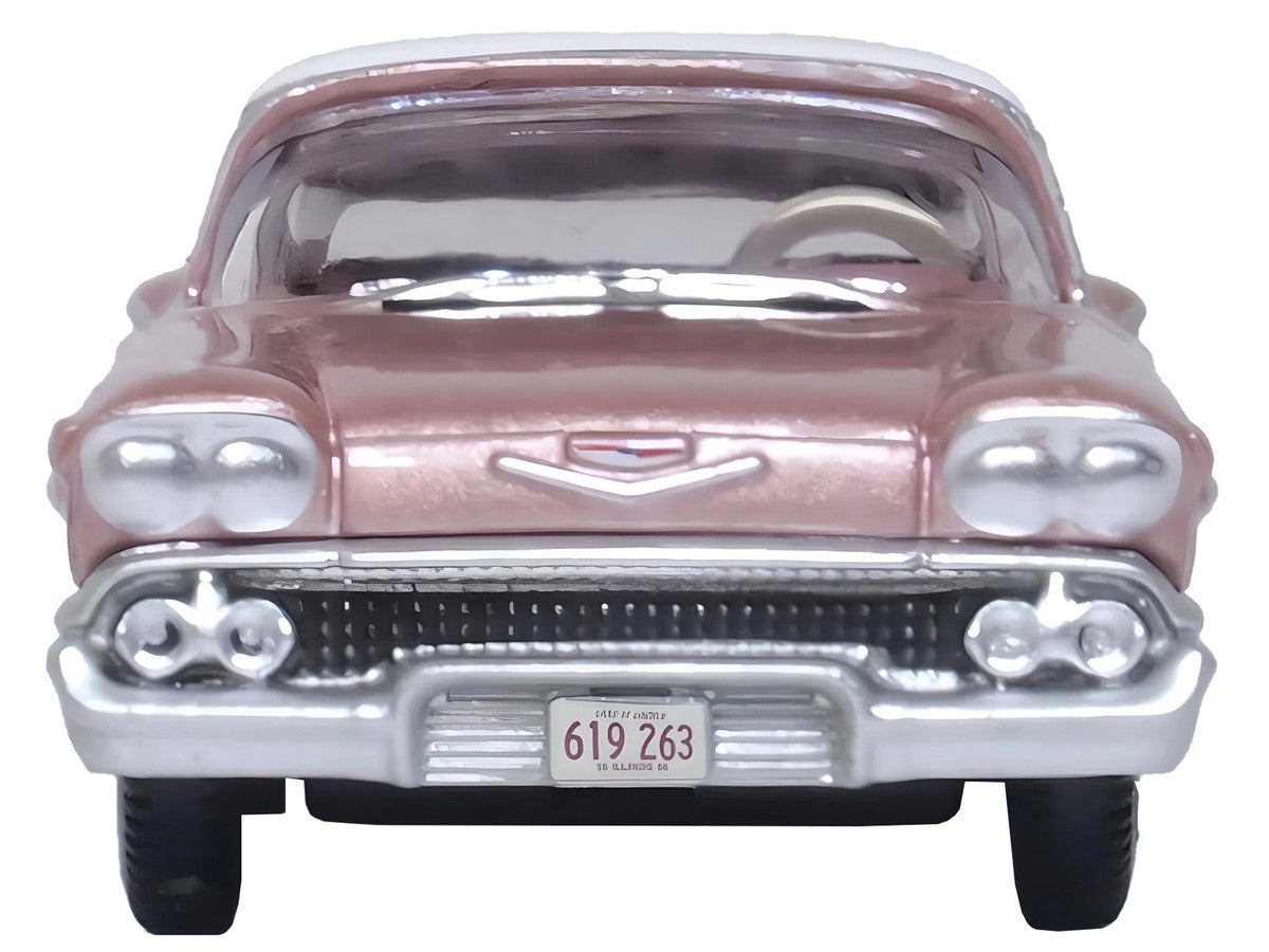 1958 Chevrolet Impala Sport Cay Coral Pink Metallic with White Top 1/87 (HO) Scale Diecast Model Car by Oxford Diecast LuxuryLifeWay Online Store