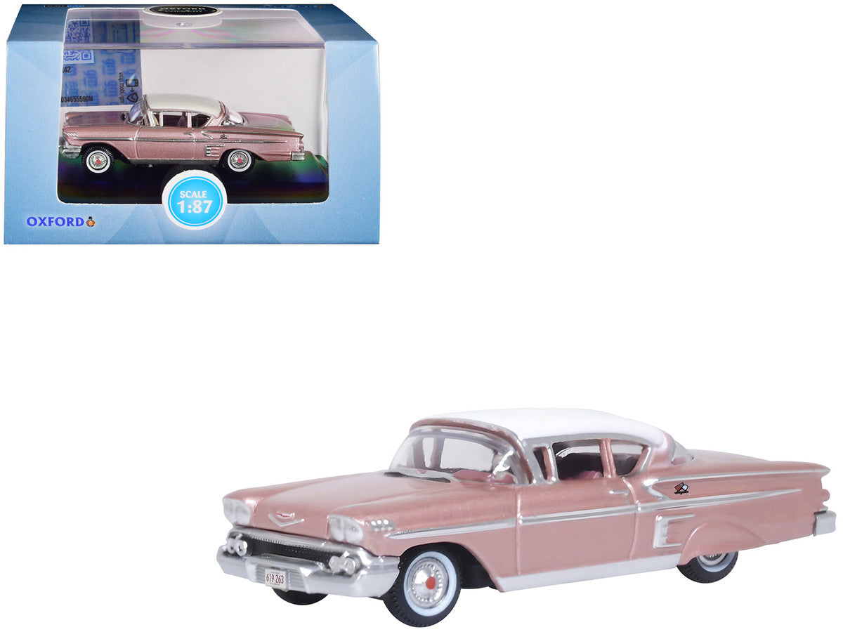 1958 Chevrolet Impala Sport Cay Coral Pink Metallic with White Top 1/87 (HO) Scale Diecast Model Car by Oxford Diecast LuxuryLifeWay Online Store