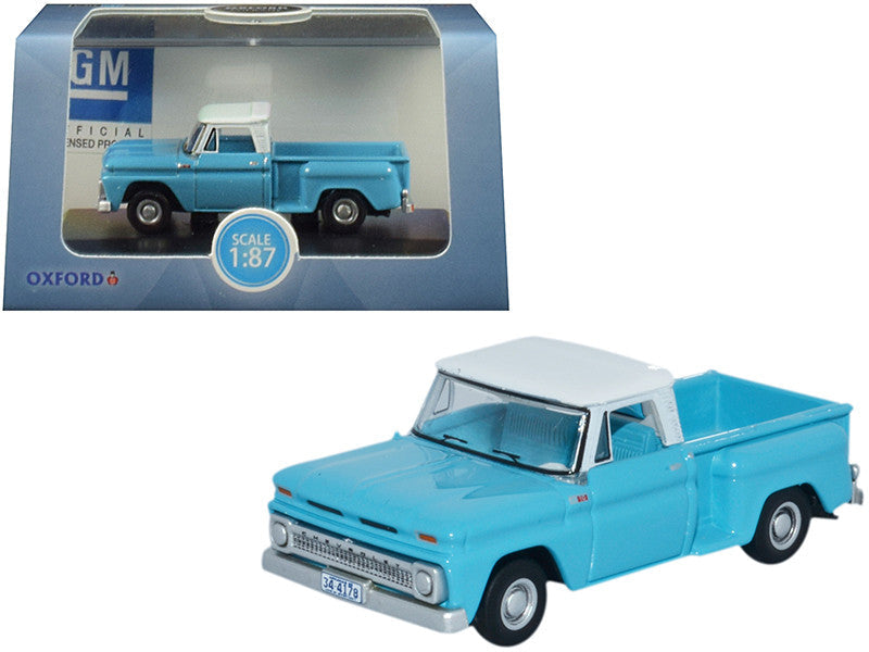 1965 Chevrolet C10 Stepside Pickup Truck Light Blue with White Top 1/87 (HO) Scale Diecast Model Car by Oxford Diecast LuxuryLifeWay Online Store
