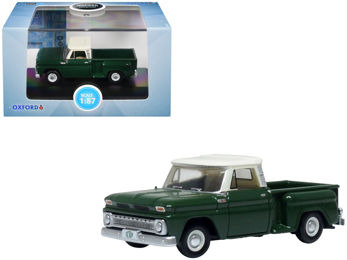 1965 Chevrolet C10 Stepside Pickup Truck Dark Green with Ivory Top 1/87 (HO) Scale Diecast Model Car by Oxford Diecast LuxuryLifeWay Online Store