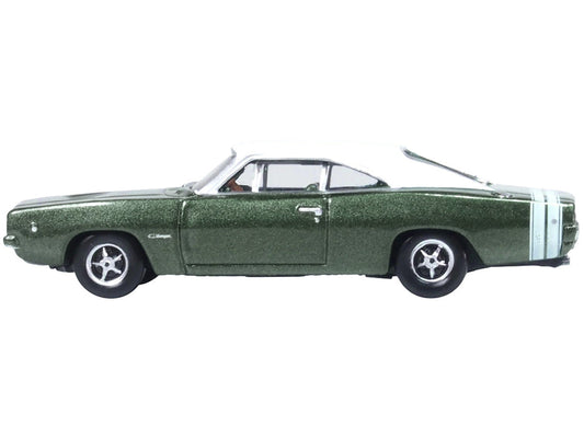 1968 Dodge Charger Racing Green Metallic with White Top and Tail Stripe 1/87 (HO) Scale Diecast Model Car by Oxford Diecast LuxuryLifeWay Online Store