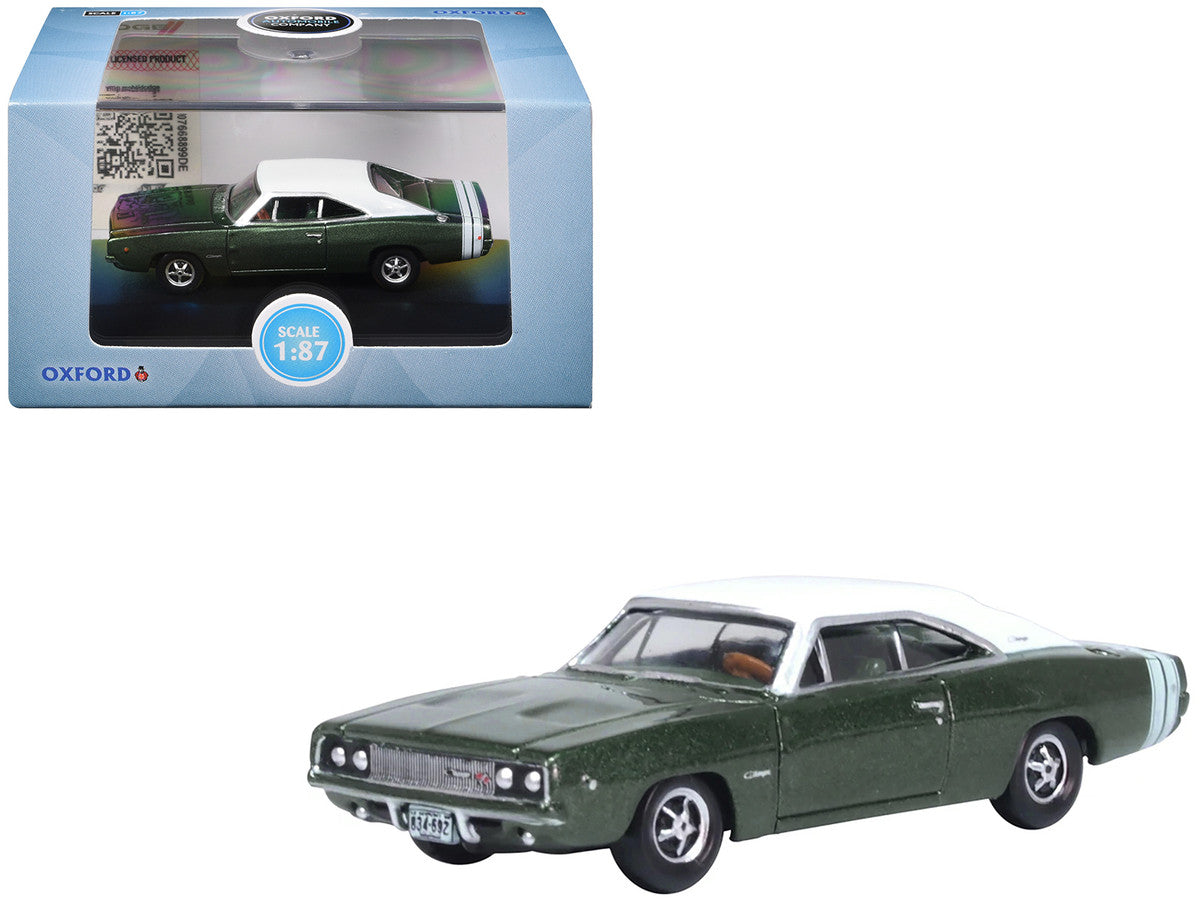 1968 Dodge Charger Racing Green Metallic with White Top and Tail Stripe 1/87 (HO) Scale Diecast Model Car by Oxford Diecast LuxuryLifeWay Online Store