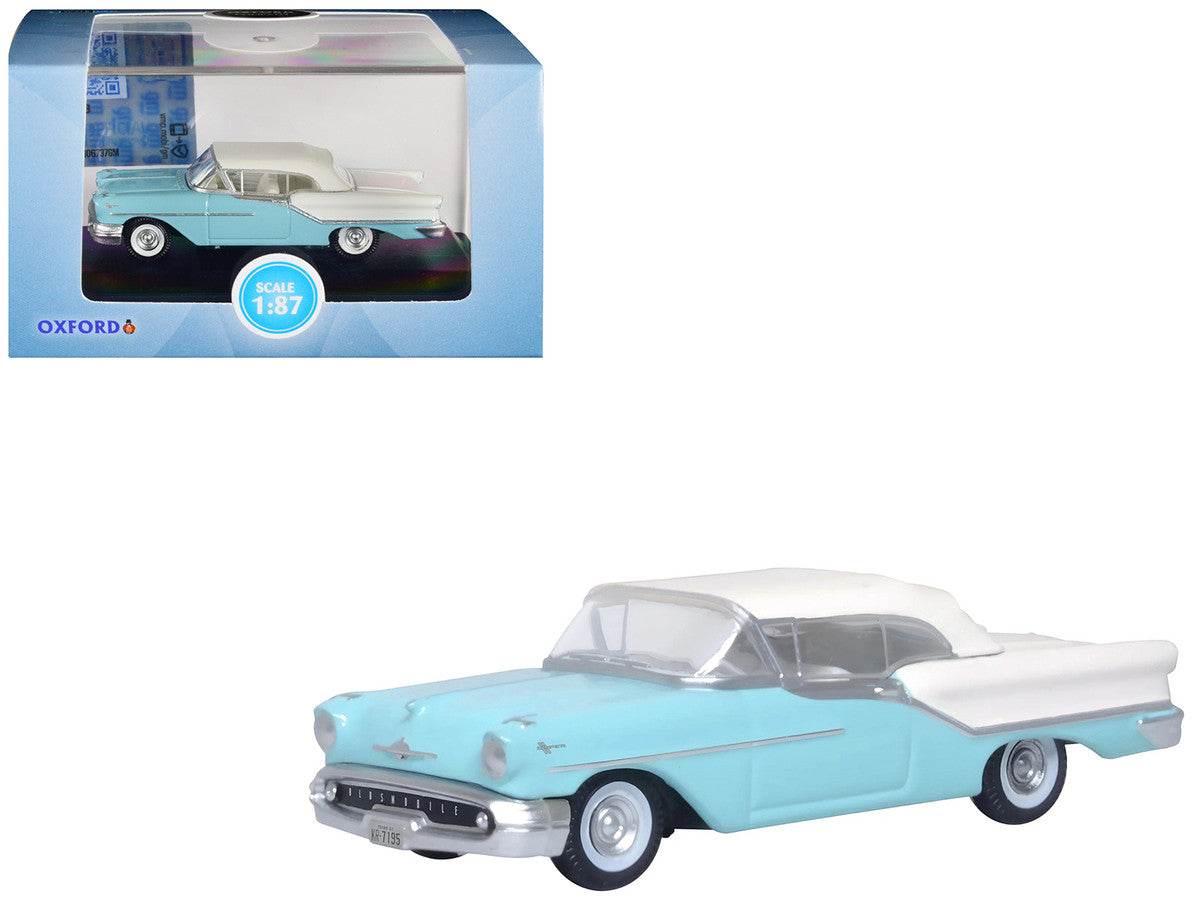 1957 Oldsmobile 88 Convertible (Top-Up) Banff Blue and Alcan White with White 1/87 (HO) Scale Diecast Model Car by Oxford Diecast LuxuryLifeWay Online Store