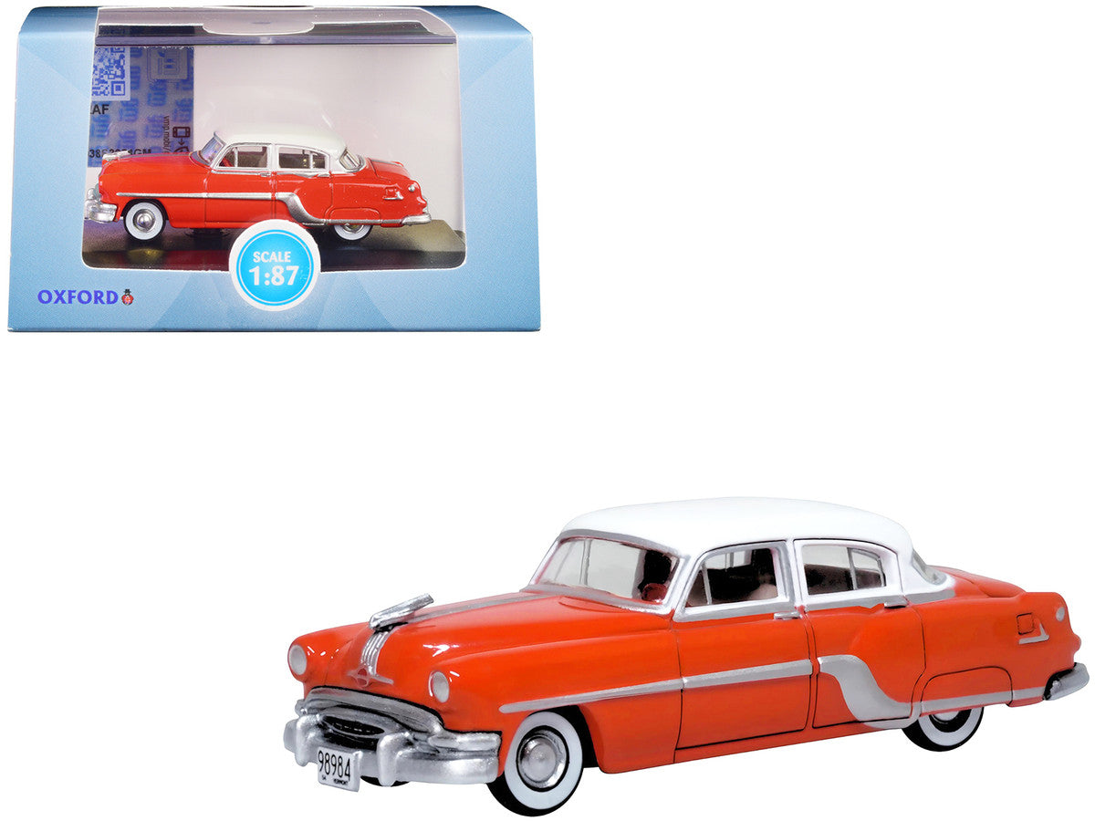 1954 Pontiac Chieftain 4 Door Coral Red with Winter White Top 1/87 (HO) Scale Diecast Model Car by Oxford Diecast LuxuryLifeWay Online Store