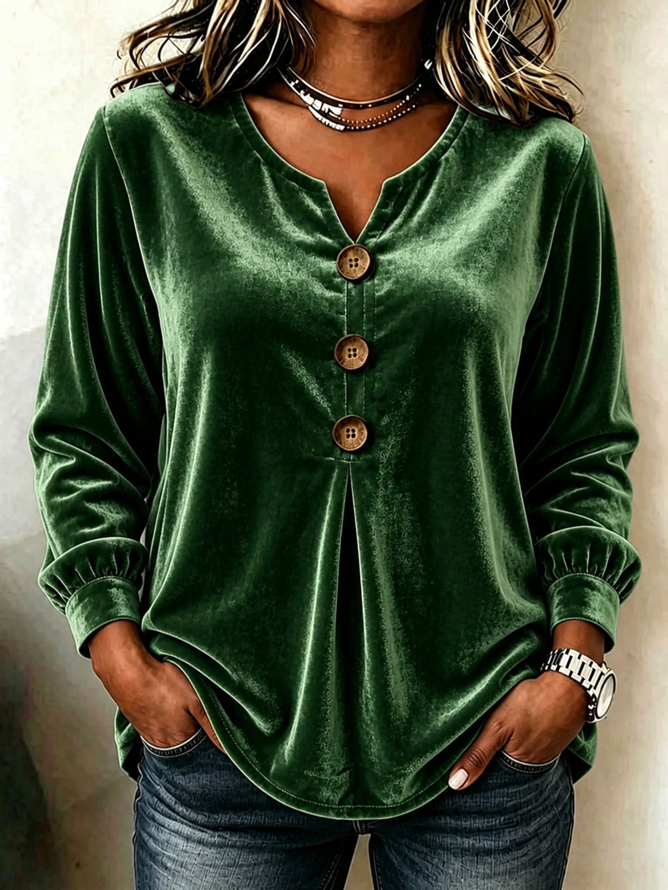 Elegant V-neck Buttoned Long-sleeve Velvet Blouse For Women NorixaFashion.com