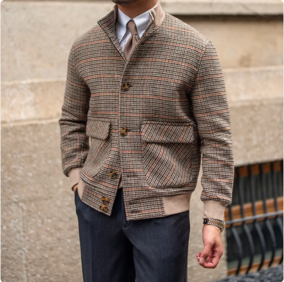 Cropped Slim-Fit Tweed Bomber Jacket with Fleece and Stand Collar Pi-Mart
