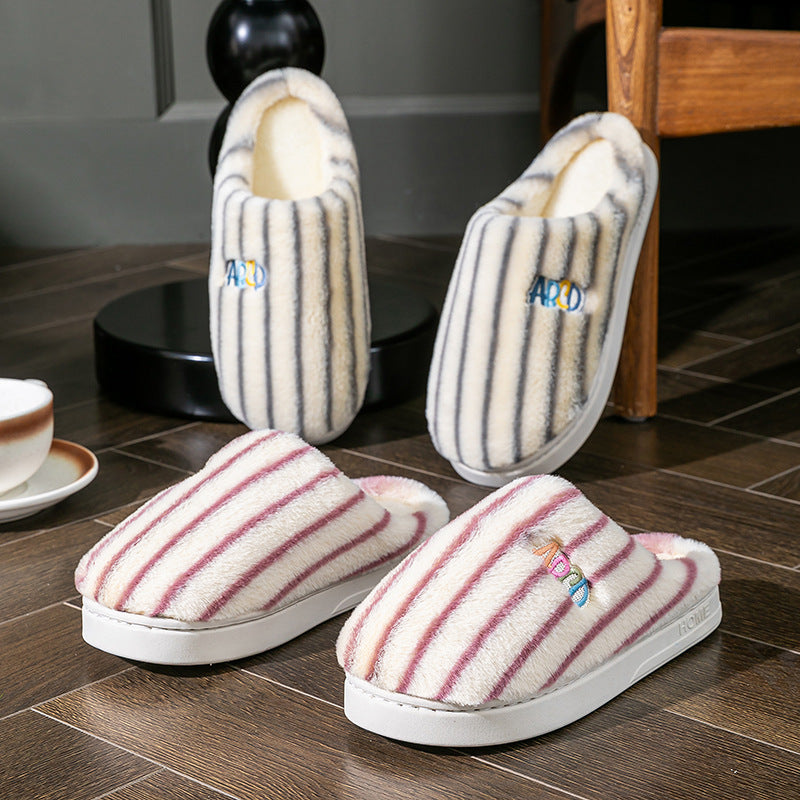 Ins Plush Striped Slippers Winter Warm Letter Embroidered Shoes Fashion Floor Bedroom Home Slipper For Women Men Couples CJD