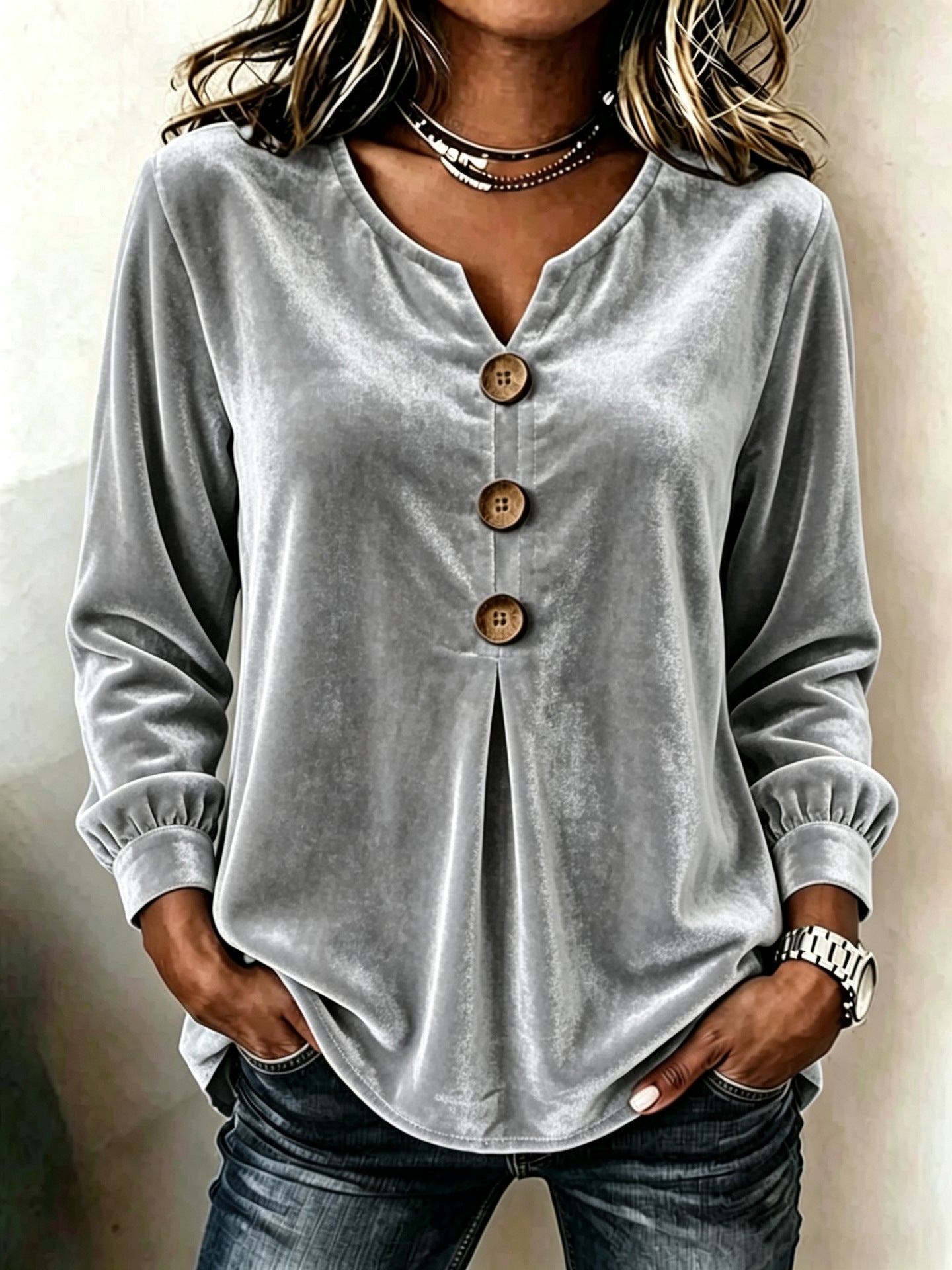 Elegant V-neck Buttoned Long-sleeve Velvet Blouse For Women NorixaFashion.com