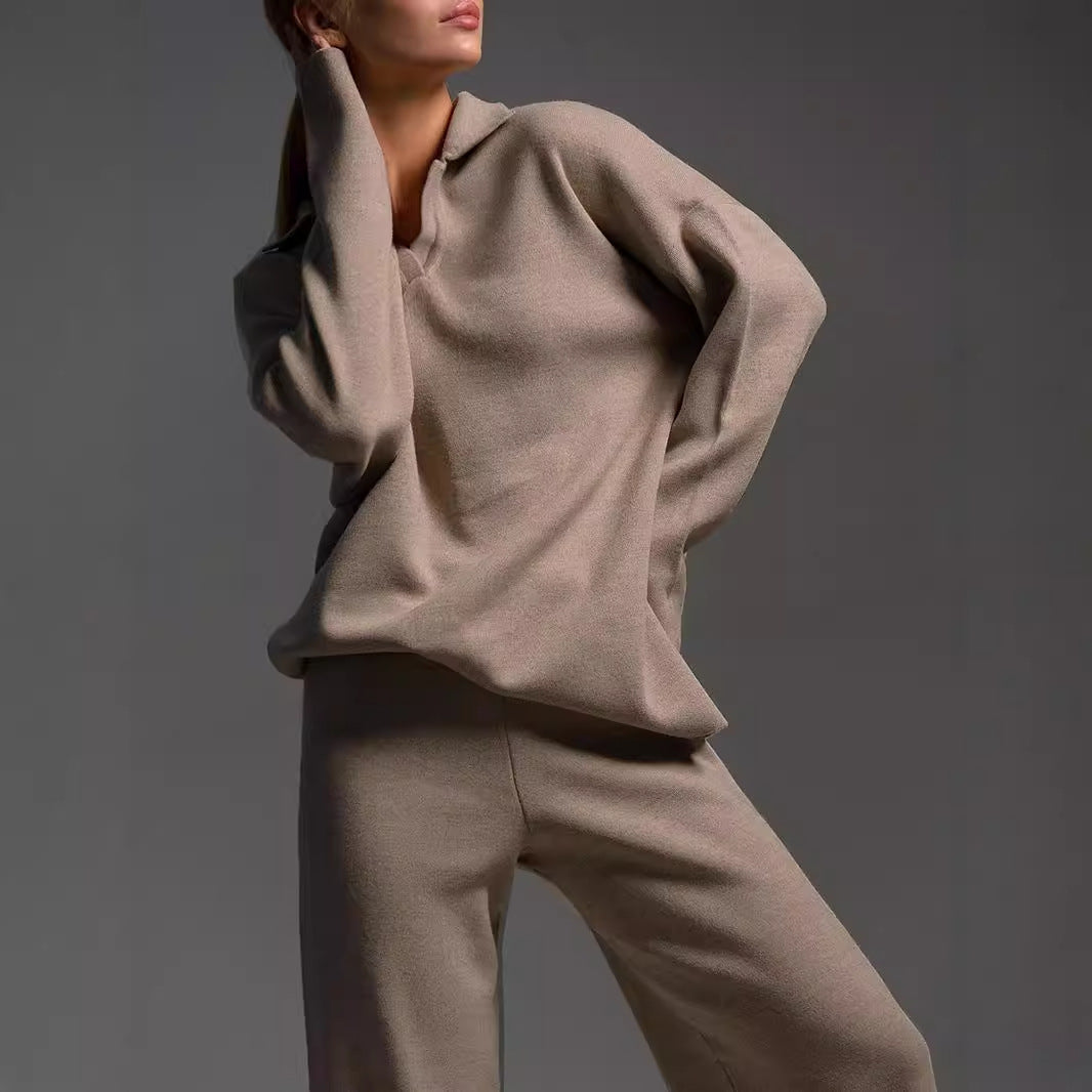 Fall Winter Two Piece Set Women's Simple Loose Solid Color Collar Sweater Set Fashion Casual Sport Wear Set LadyShow.Store
