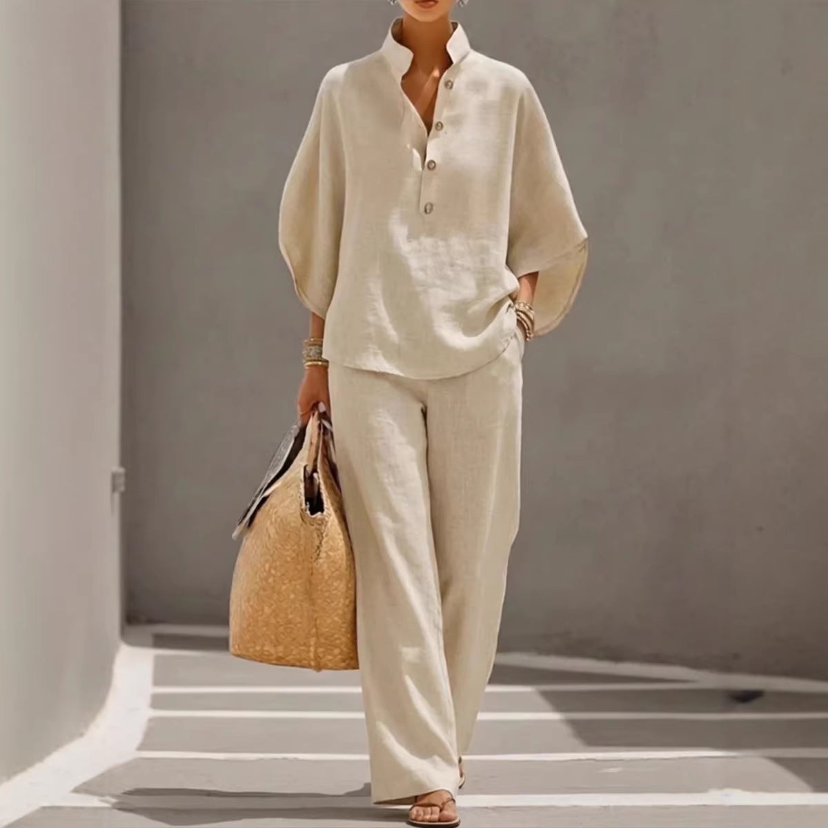 Women's Short-sleeved Suit Summer Loose Pullover Top And Straight-leg Trousers Outfit Clothing NorixaFashion.com