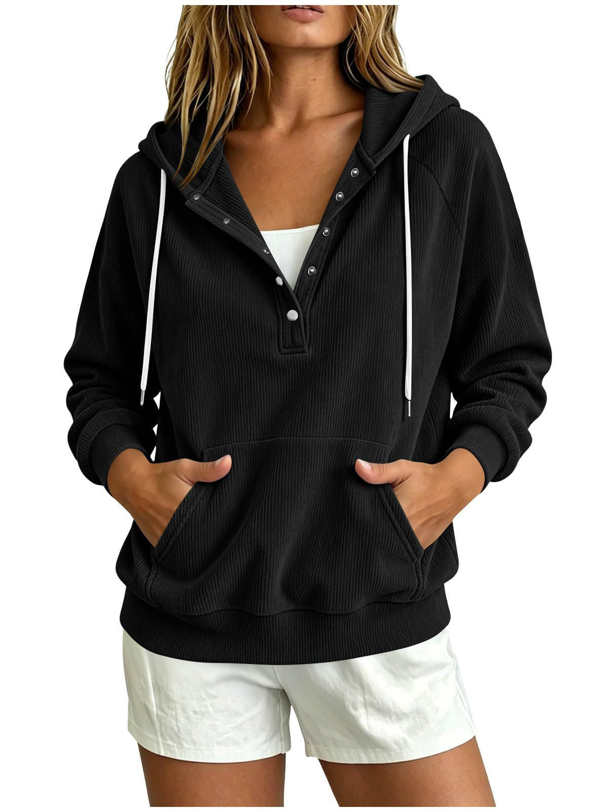 2026 Autumn New Style European Women's Dressy Corduroy Hooded Sweatshirt With Half-Closed Button And Drawstring Loose Top For Women NorixaFashion.com
