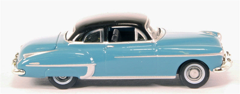 1950 Oldsmobile Rocket 88 Coupe Crest Blue with Black Top 1/87 (HO) Scale Diecast Model Car by Oxford Diecast LuxuryLifeWay Online Store