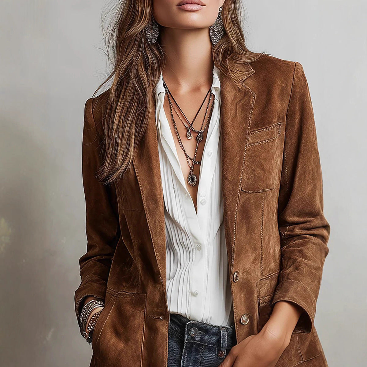 European And American Cross-border Autumn Women's Fashion Jacket, Elegant Brown Suede With Pockets And Buttons NorixaFashion.com