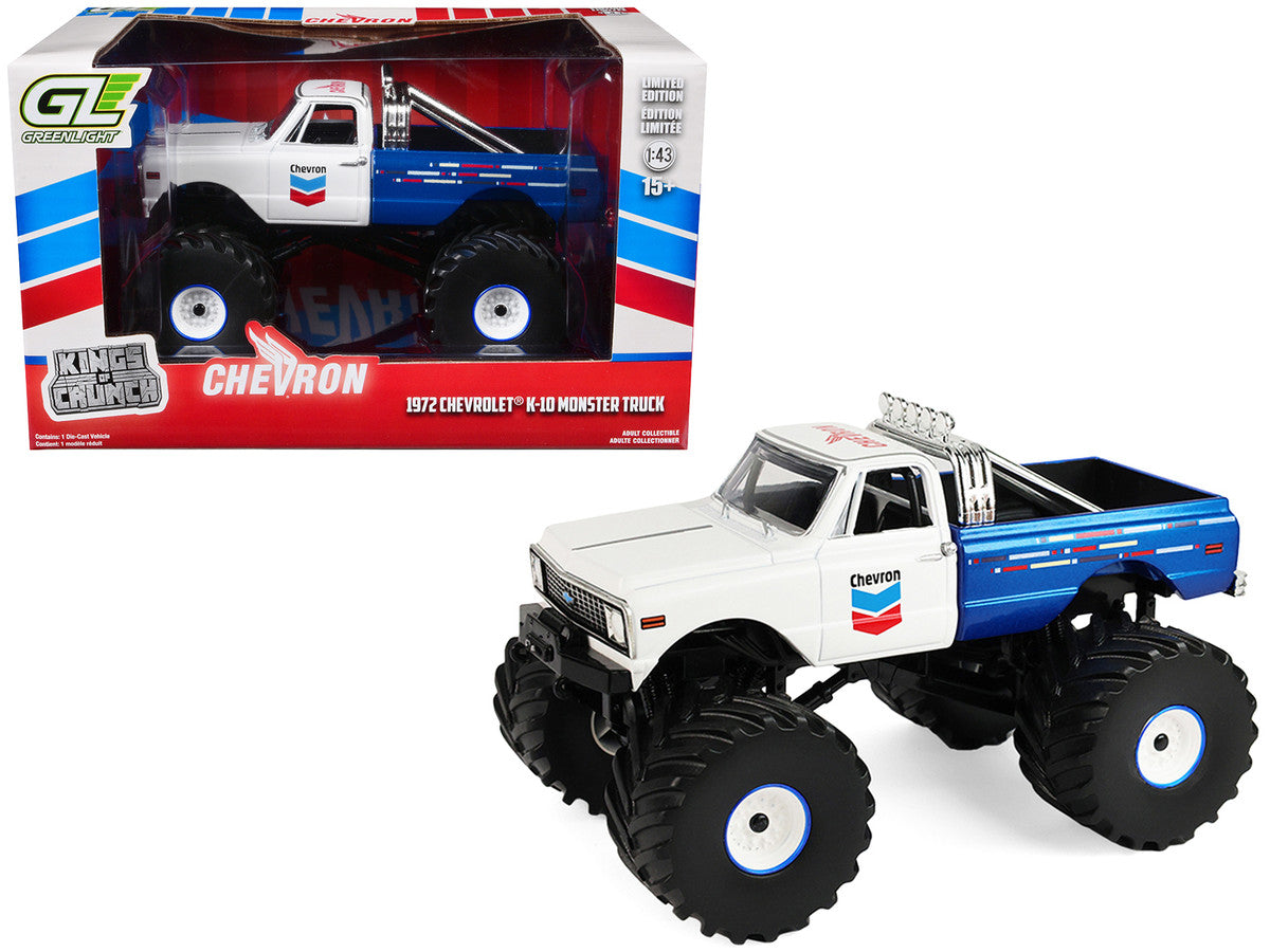 1972 Chevrolet K-10 Monster Truck "Chevron 150th Anniversary" White and Blue Metallic "Kings of Crunch" Series 1/43 Diecast Model Car by Greenlight LuxuryLifeWay Online Store