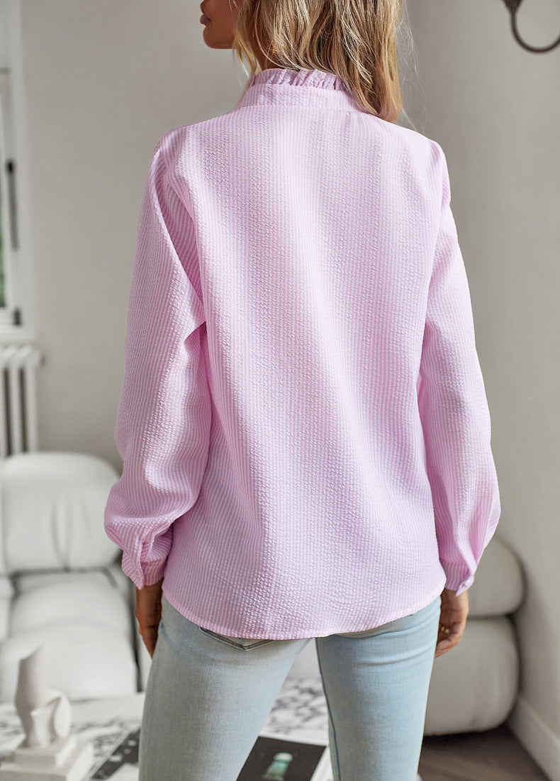 Striped Long Sleeve Shirt Fashion Ruffle Design Button Up Tops Casual Office Blouse Elegant Commuting Women's Clothing NorixaFashion.com