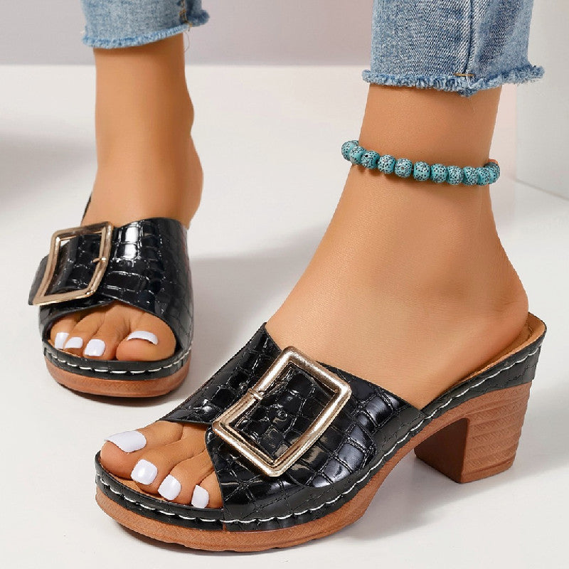 Fashion Crocodile-textured Buckle Sandals Square Chunky Heel Peep-toe Slides Slippers Women Shoes CJD