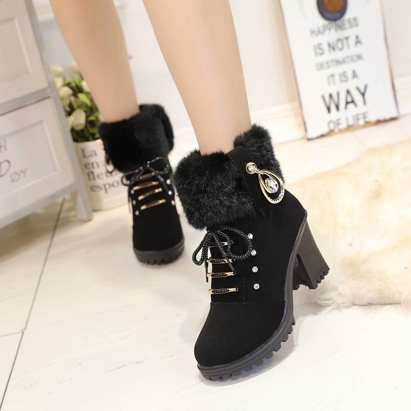 Plush Martin Boots With Lace Up High Heels LadyShow.Store