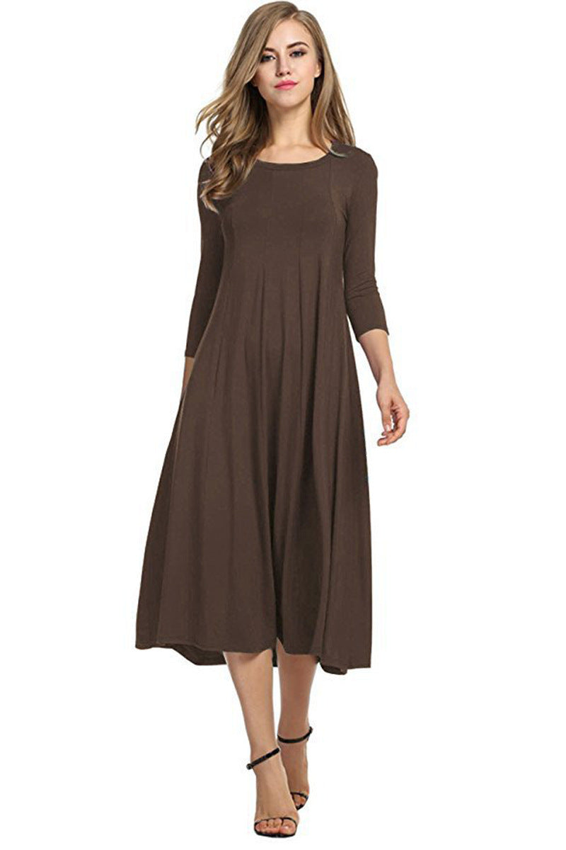 Crew Neck Sleeve Solid Color Swing Dress LuxuryLifeWay Online Store