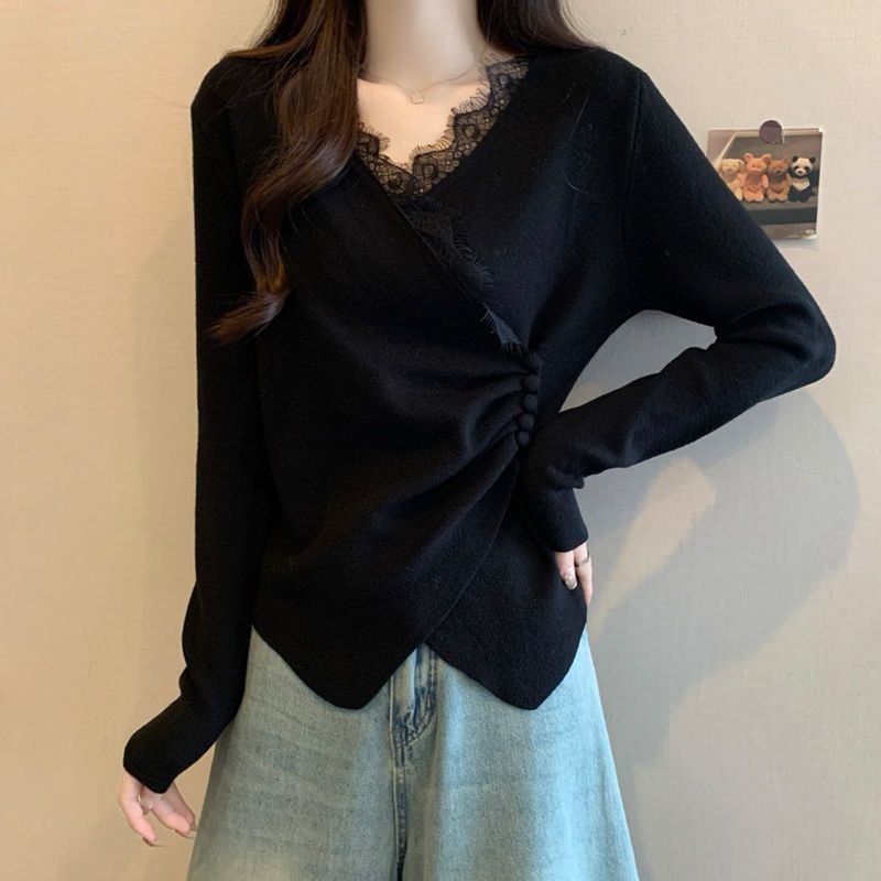 Irregular Cross-feel Lace Spliced V-neck Long Sleeve T-shirt LadyShow.Store