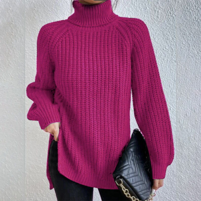 Turtleneck Pullover Sweater With Split Design Fashion Simple Solid Color Long Sleeve Tops Women's Clothing LadyShow.Store
