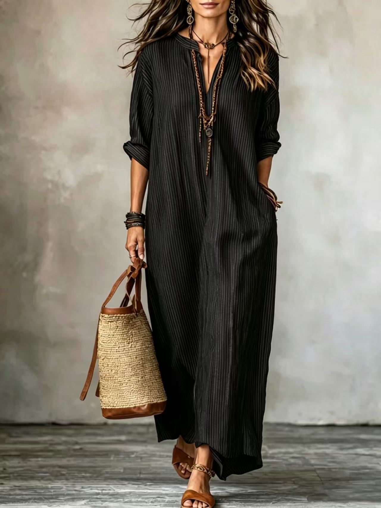 Fashionable V-neck Striped Loose-fit Dress NorixaFashion.com
