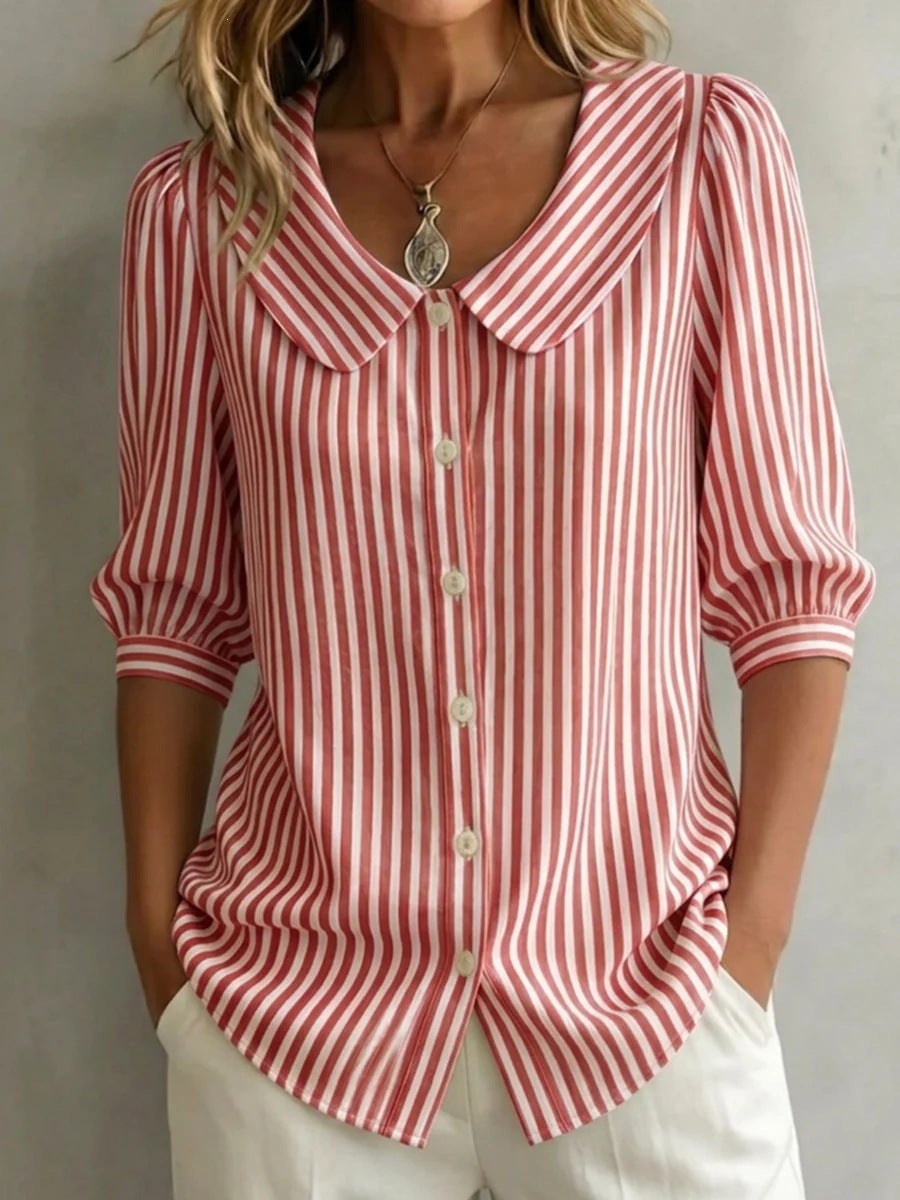 Mid-sleeve Striped V-neck Shirt Top T-shirt Womens Clothing LadyShow.Store