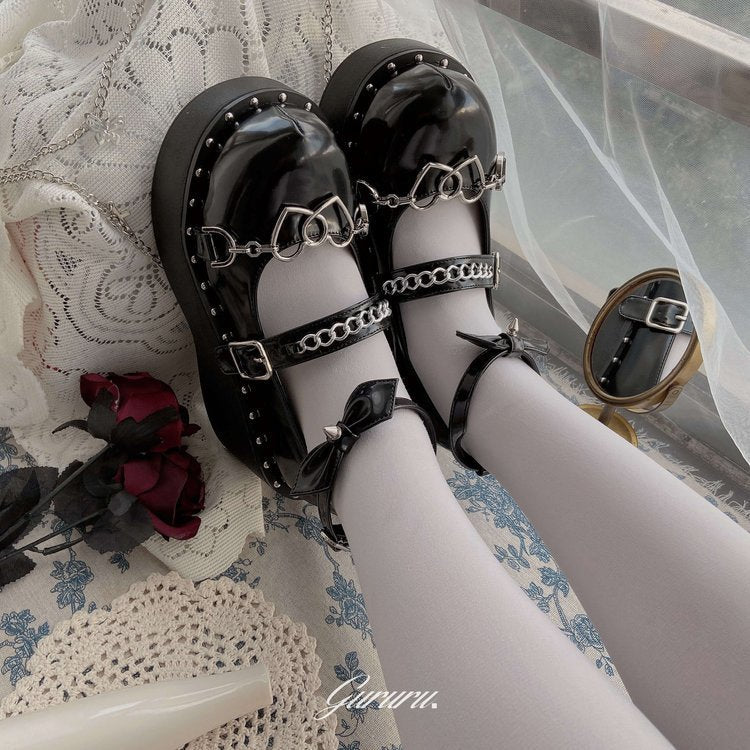 Women's Heightened Thick Bottom Chain Retro British Style Leather Shoes LadyShow.Store