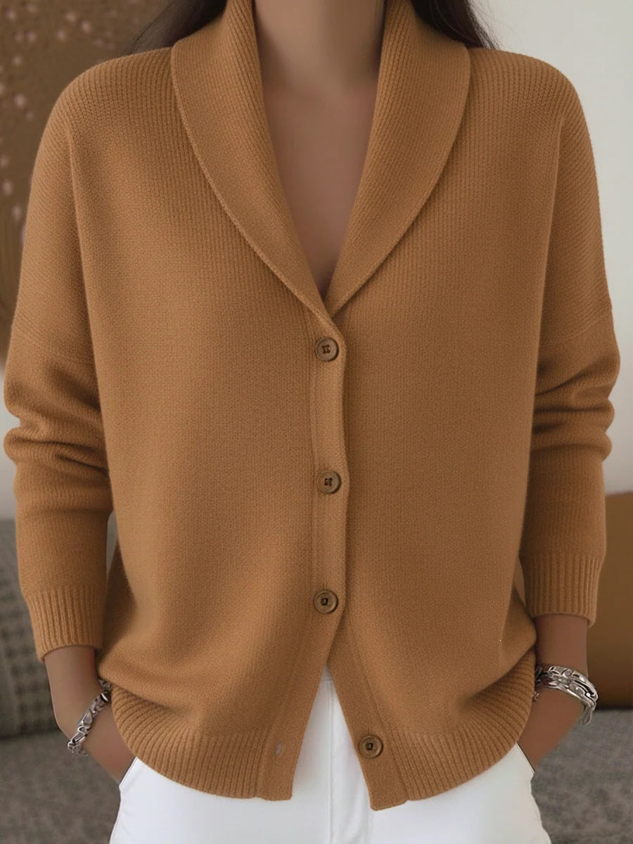 Womens Knitted Cardigan Loose-Fit Lazy Style Soft And Cozy Notch Lapel Solid Color Long-Sleeve Sweater NorixaFashion.com