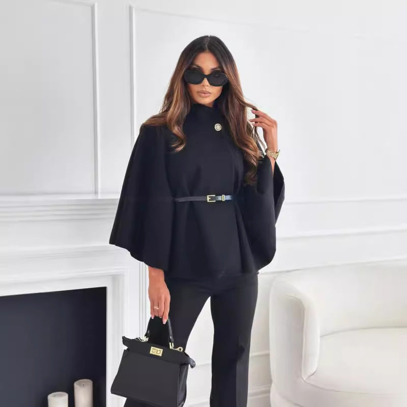 New Stand Collar Batwing Sleeves Cloak Top With Belt Ins Fashion Temperament Jacket Woolen Sweater Outwear For Women Clothing LadyShow.Store