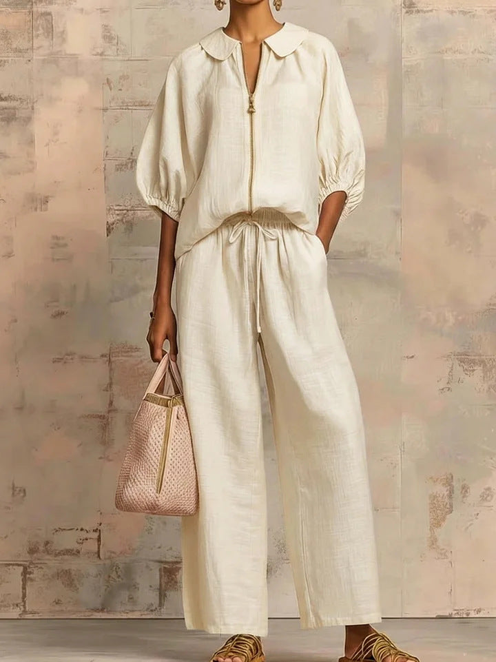 Solid-color Casual Loose-fitting Zip-up Sweatshirt And Straight-leg Pants Set NorixaFashion.com