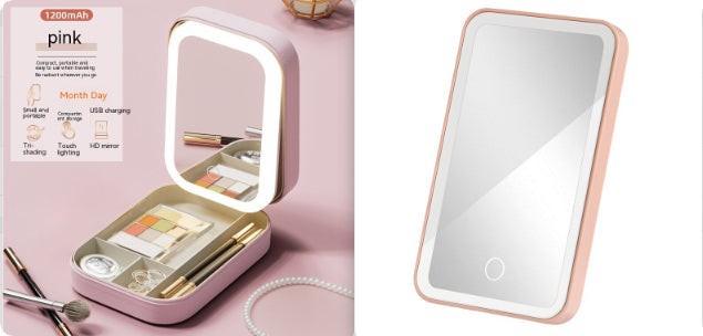Makeup Storage Box With LED Light Mirror Portable Travel Makeup Cosmetics Storage Box Touch Light Storage Organizer LadyShow.Store