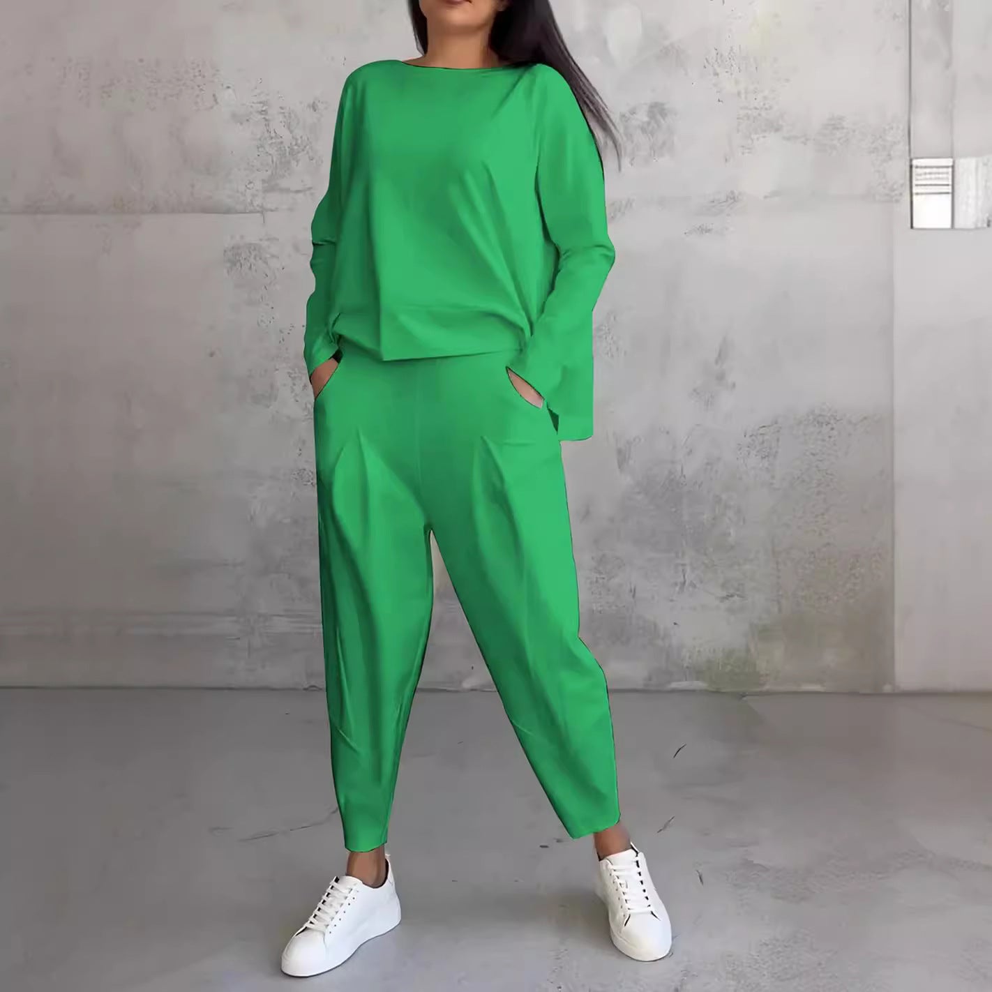 Women's Irregular Suit Long-sleeved Round Neck Top And Loose Harem Pants With Pockets Ins Fashion Trousers Set Women's Clothing LadyShow.Store