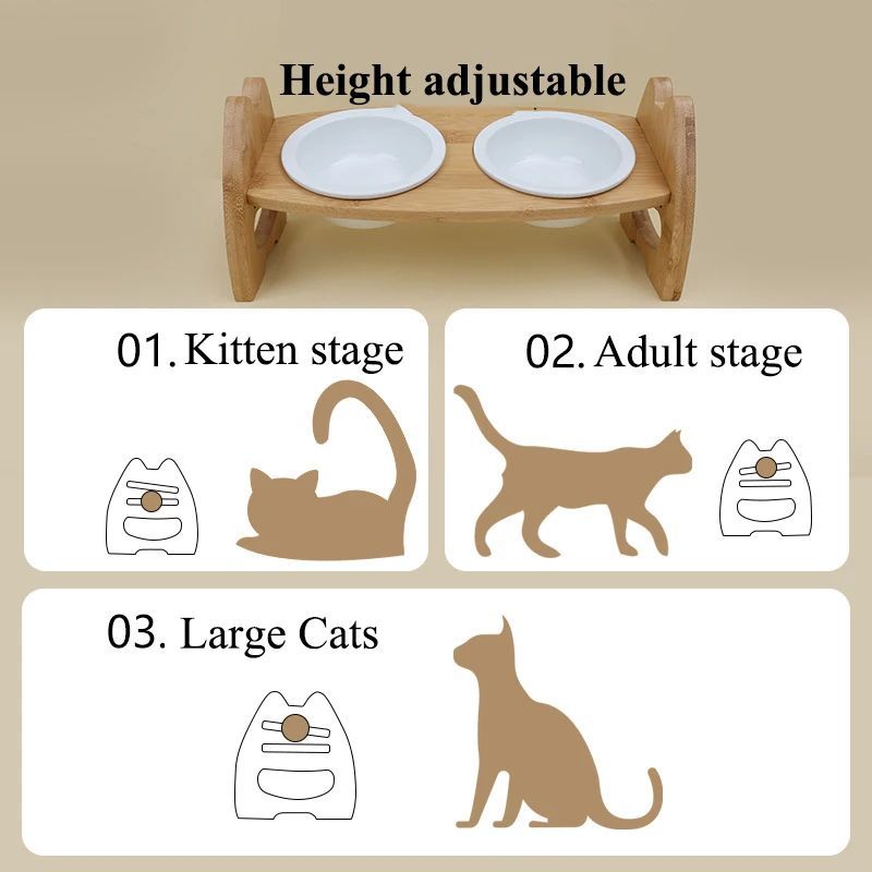 Pet Bowl Ceramic Double Bowl Wooden Stand Neck Protection Dog Cat Food Basin Height Adjustable Tilt Separate Bowls Pet Accessori Pets Fashion