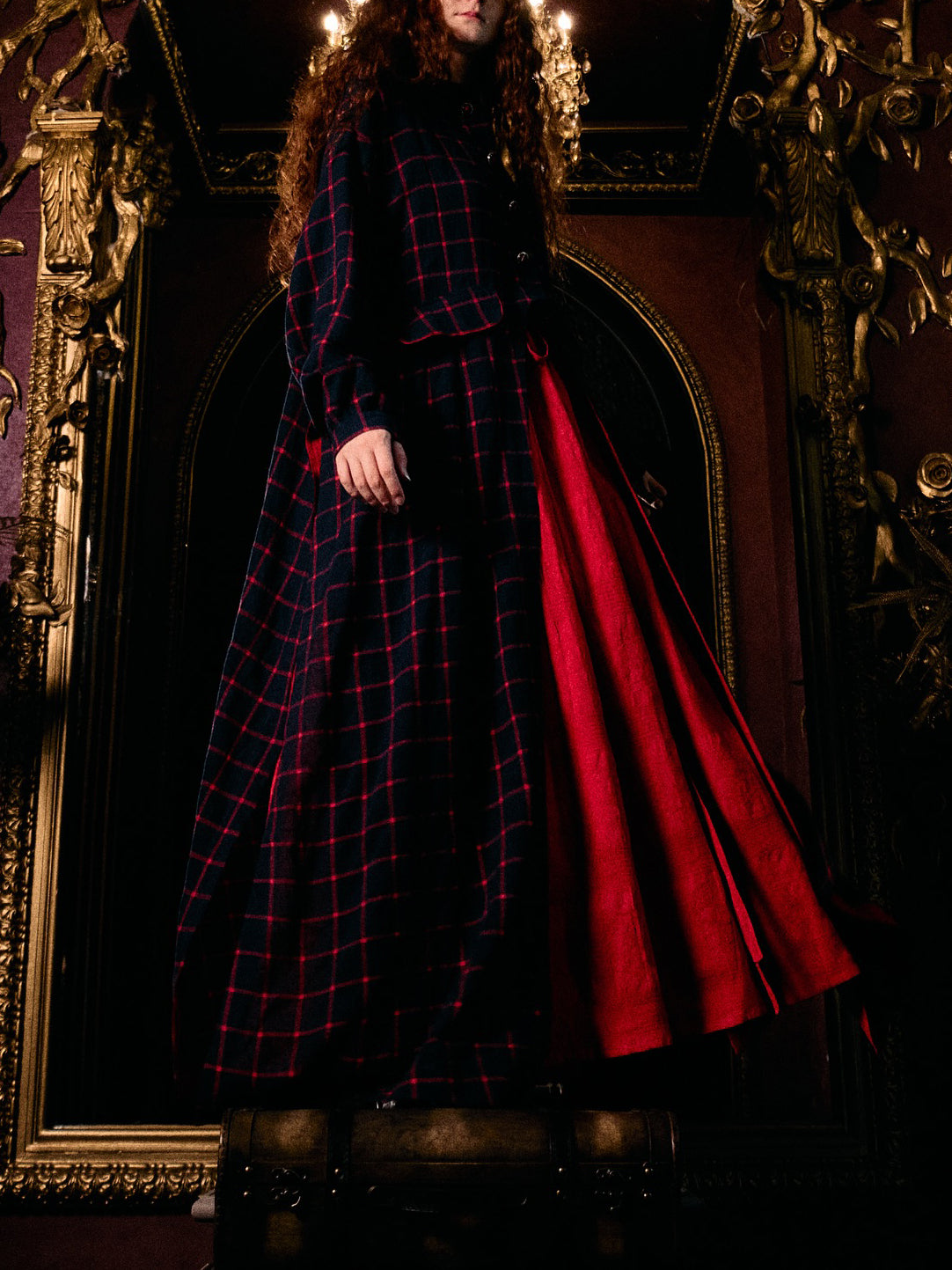 Navy Red Plaid Long Coat With Red Maxi Swing Dress Set NorixaFashion.com