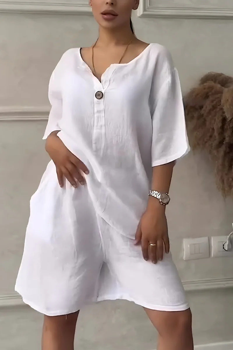 Cotton-linen Shirt Set With High-waisted Loose Shorts For Women LadyShow.Store