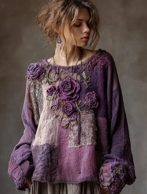Vintage Purple Roses Lace Blouse NorixaFashion.com