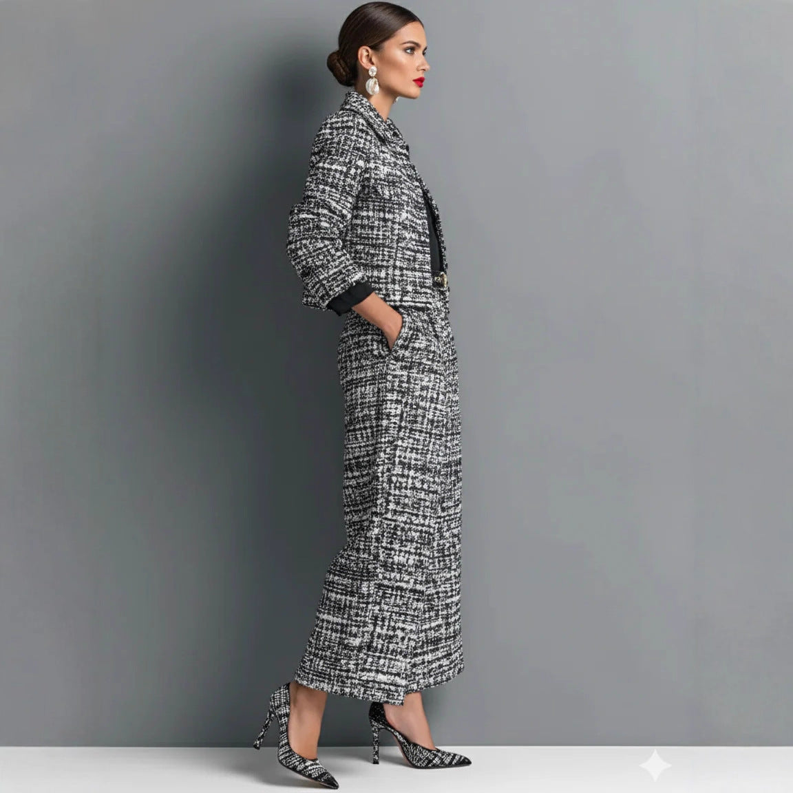 Notched Lapel Slim-fit Women's Long-sleeve Short Top With Wide-leg Pants Set NorixaFashion.com