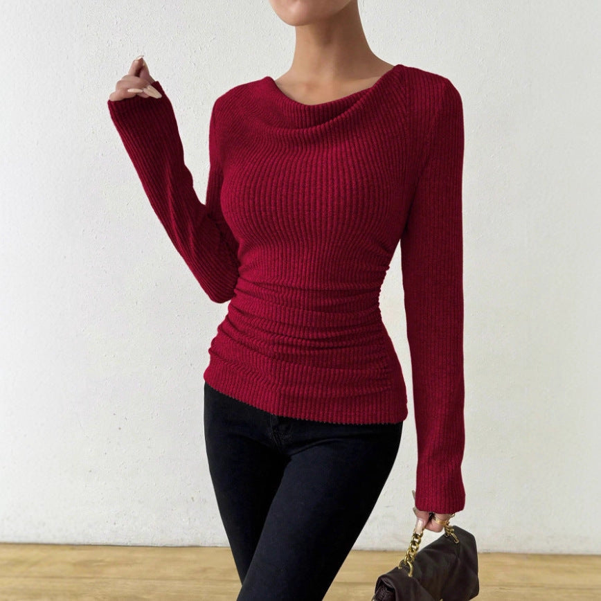 Autumn Bell Sleeve Draped Neck Slimming Knit Top LadyShow.Store