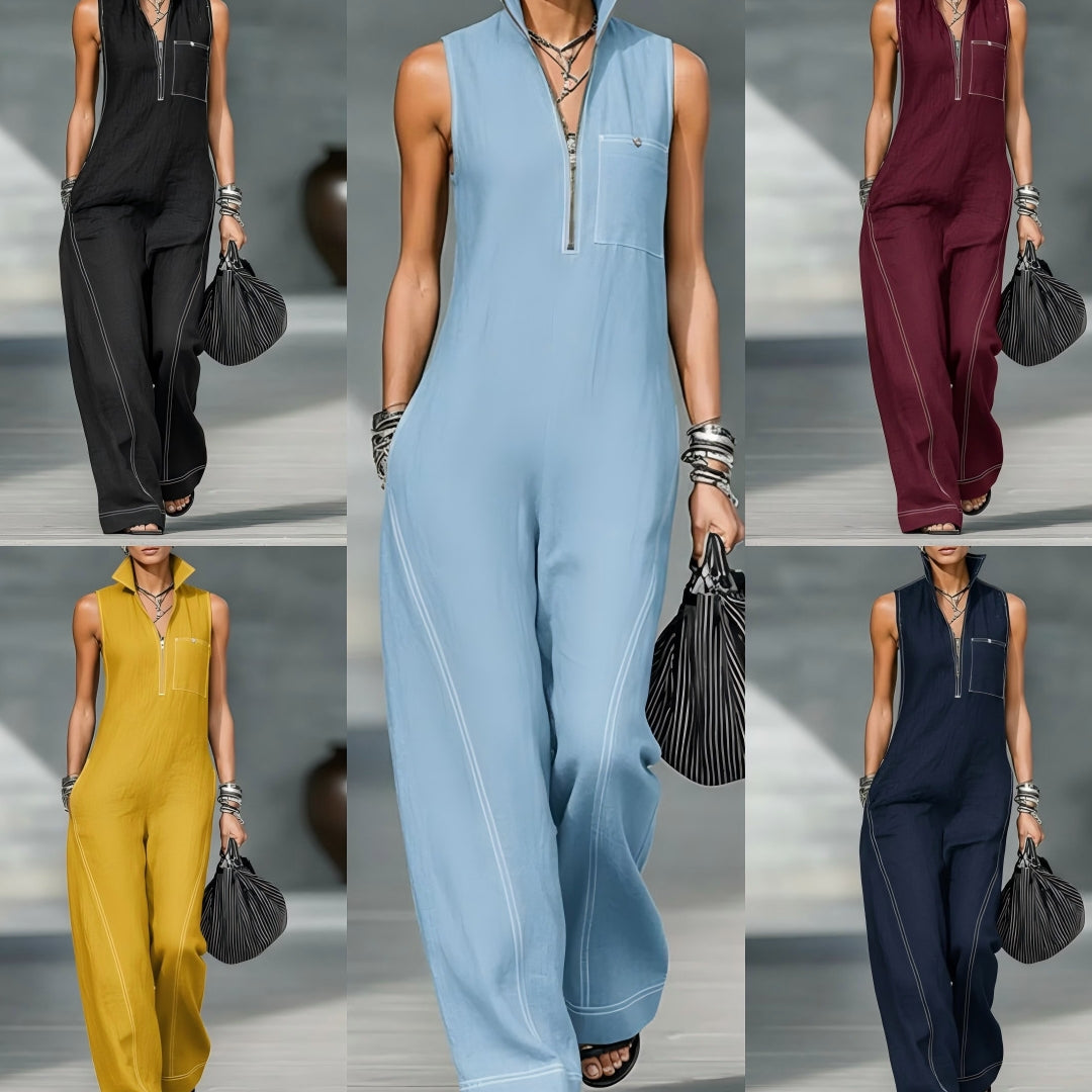 Stand-up Collar Jumpsuit With Pockets Summer Fashion Casual Sleeveless Jumpsuit Trousers Women's Clothing LadyShow.Store
