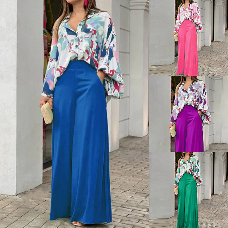 Loose And Elegant Casual Printed Shirt Top Wide Leg Pants Fashion Suit NorixaFashion.com