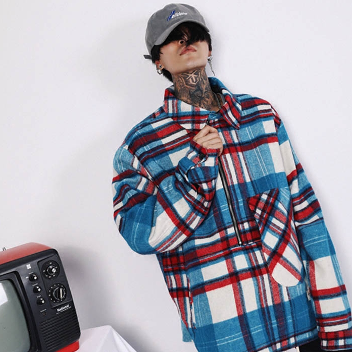 Oversized Blue Plaid Half-Zip Jacket for Couples Pi-Mart