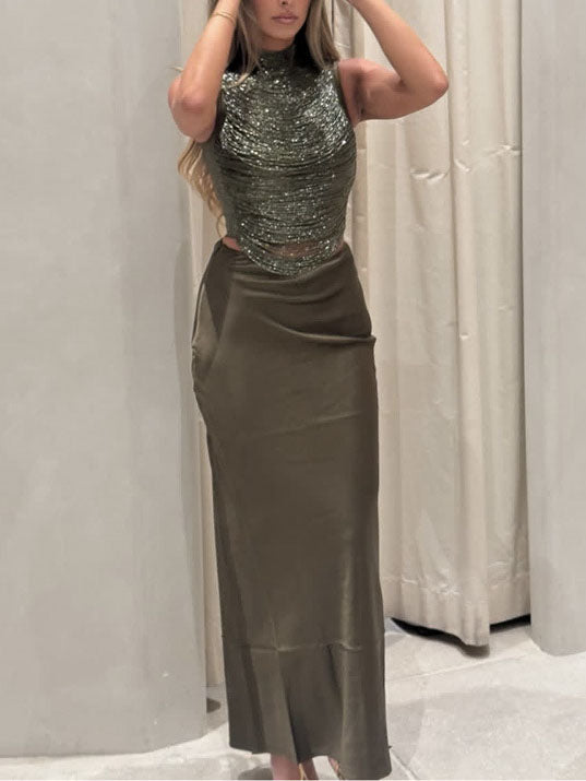 Elegant Sleeveless Tassel-trimmed Zippered Satin Fishtail Maxi Dress Set NorixaFashion.com