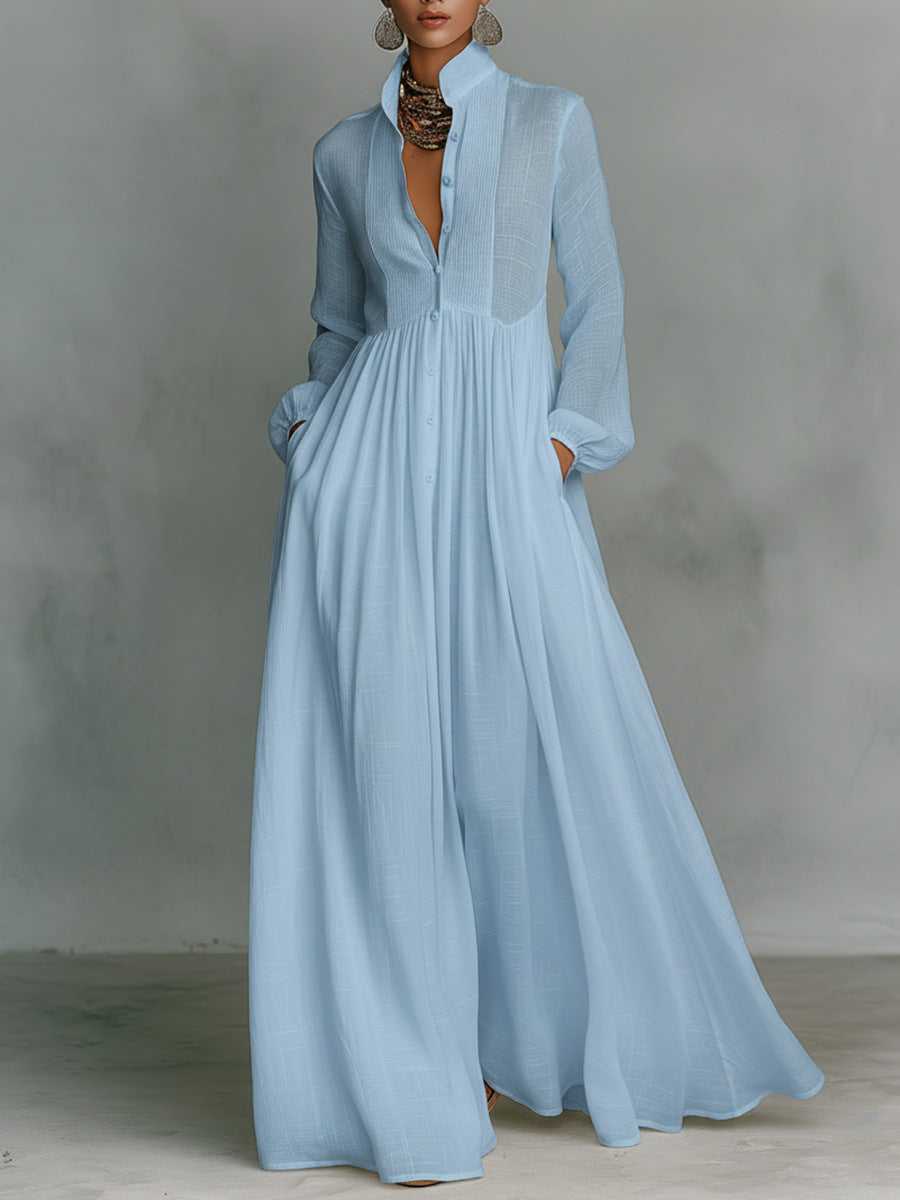 Elegant Stand Collar Button Down Maxi Dress - Long Sleeve Pleated Flowy Gown With Pockets NorixaFashion.com